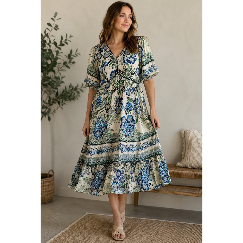 Fig + Flower Midi Dress M White Blue Floral Puff Sleeve Tiered Boho Summer